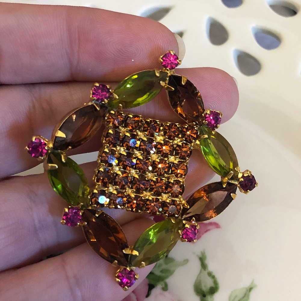 Vintage Green and Pink Rhinestone Brooch - Picture 2 of 4